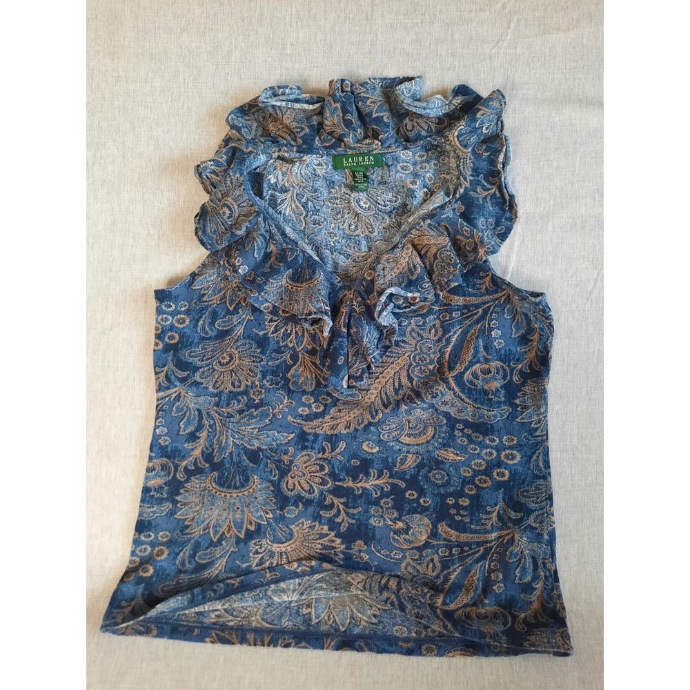 Lauren Ralph Lauren Women's Medium Blue/Beige Paisley Sleeveless Ruffled Blouse